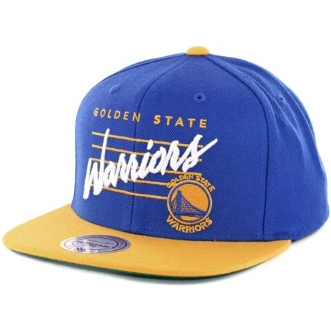 Mitchell & Ness Golden State Warriors Cursive Script Snapback Hat Royal Blue Yellow