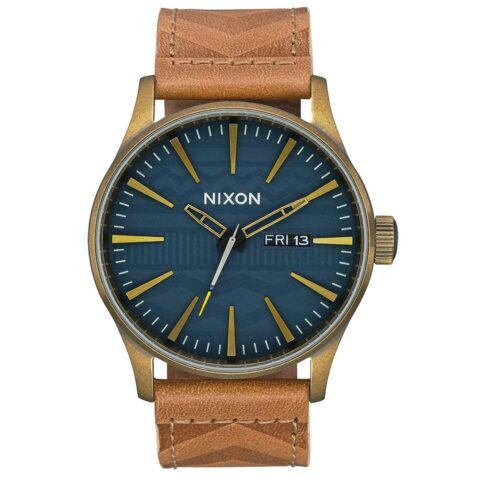 Nixon Sentry Leather Watch Brass Navy Hickory
