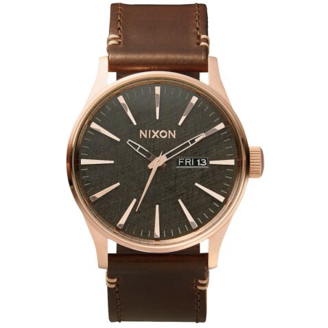 Nixon Sentry Leather Watch Rose Gold Gunmetal Brown