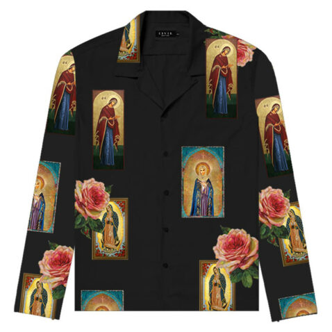 Civil Holy Floral Long Sleeve Button Up Shirt Black