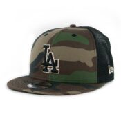 NE LA Dodgers Camo Trucker Snap (Woodland Camo Black Khaki)-min