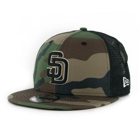 New Era 9Fifty San Diego Padres Camo Trucker Snapback Hat Woodland Camo Black Khaki