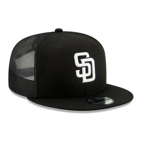 New Era 9Fifty San Diego Padres Trucker Snapback Hat Black White - Image 3