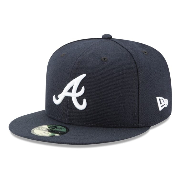 New Era Atlanta Braves Road Navy 59FIFTY Fitted Hat Left Front New Era Atlanta Braves Road Navy 59FIFTY Fitted Hat Left Front