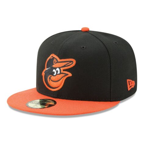 New Era Baltimore Orioles Road Black Orange 59FIFTY Fitted Hat Left Front