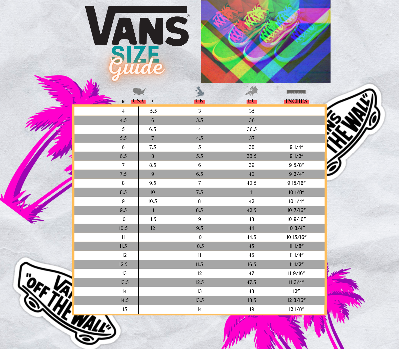 Abe Mockingbird kone Vans Shoe Size Charts | Men's Vans Size Chart | Womens Vans Size Chart