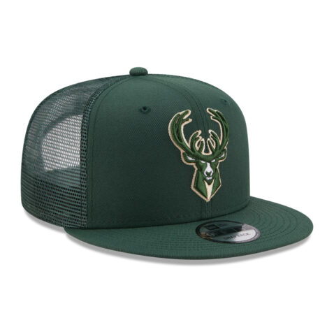New Era 9Fifty Milwaukee Bucks Classic Trucker Official Team Colors Snapback Hat Front Left