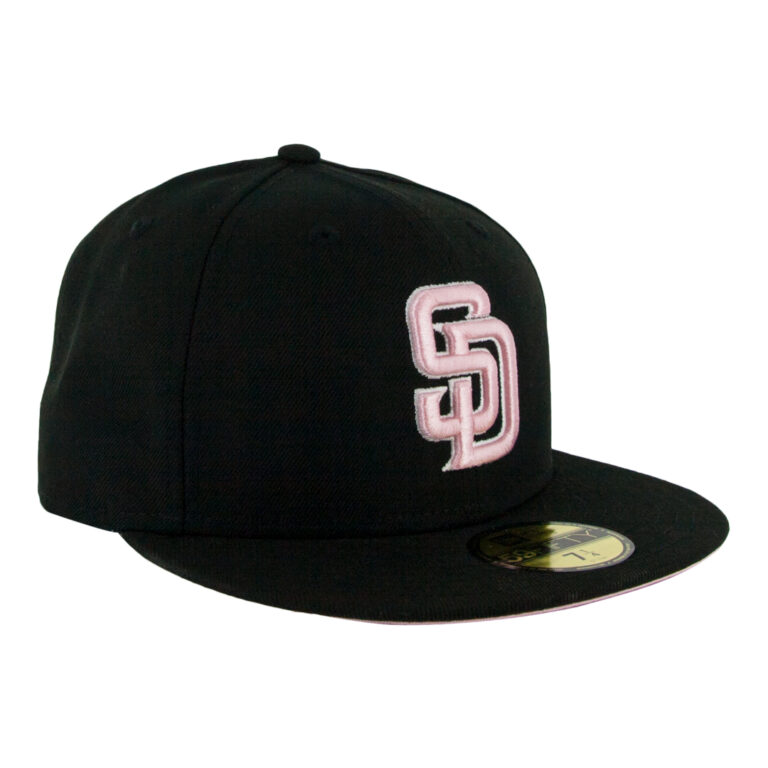 New Era 59Fifty San Diego Padres Black Pink Fitted Hat Front Left New Era 59Fifty San Diego Padres Black Pink Fitted Hat Front Left