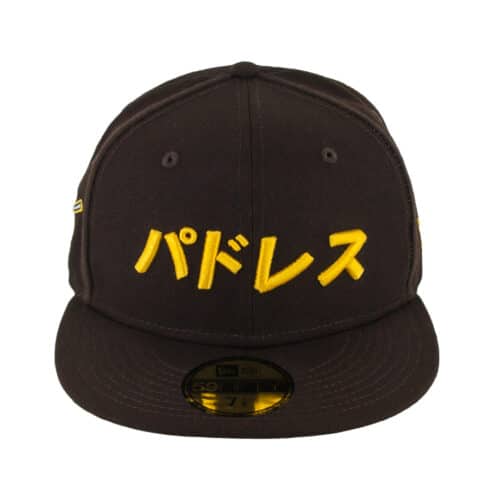 New Era x SD Hat Collectors 59Fifty San Diego Padres Katakana 2 Burnt Wood Brown Gold Fitted Hat Front