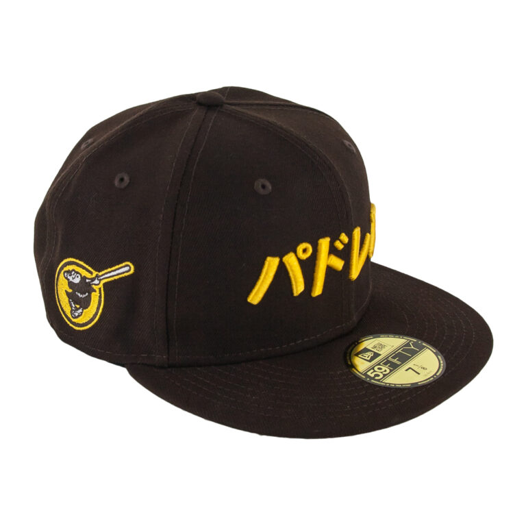 New Era x SD Hat Collectors 59Fifty San Diego Padres Katakana 2 Burnt Wood Brown Gold Fitted Hat Front Left New Era x SD Hat Collectors 59Fifty San Diego Padres Katakana 2 Burnt Wood Brown Gold Fitted Hat Front Left