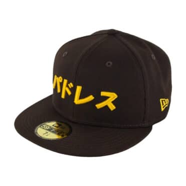 New Era x SD Hat Collectors 59Fifty San Diego Padres Katakana 2 Burnt Wood Brown Gold Fitted Hat Front Right