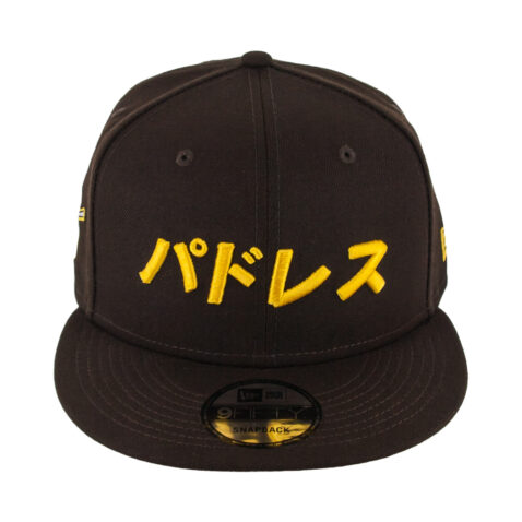 New Era x SD Hat Collectors 9Fifty San Diego Padres Katakana 2 Burnt Wood Brown Gold Snapback Hat Front