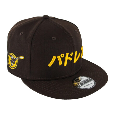 New Era x SD Hat Collectors 9Fifty San Diego Padres Katakana 2 Burnt Wood Brown Gold Snapback Hat Front Left