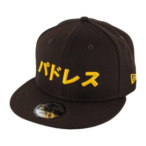 New Era x SD Hat Collectors 9Fifty San Diego Padres Katakana 2 Burnt Wood Brown Gold Snapback Hat Front Right