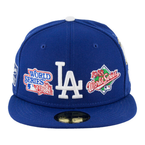 New Era 59Fifty Los Angeles Dodgers World Champions Patches Limited Edition Dark Royal Blue Fitted Hat Front