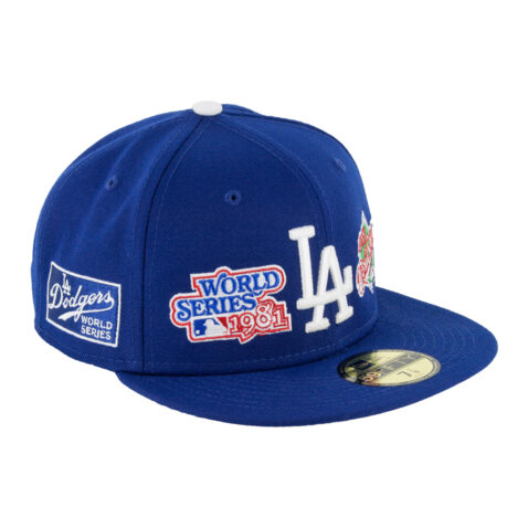 New Era 59Fifty Los Angeles Dodgers World Champions Patches Limited Edition Dark Royal Blue Fitted Hat Front Left