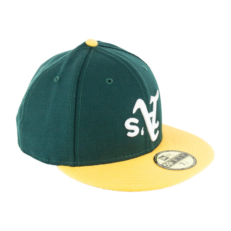 New Era 59Fifty Oakland Athletics Upside Down Logo Dark Green White Gold Fitted Hat Front Left New Era 59Fifty Oakland Athletics Upside Down Logo Dark Green White Gold Fitted Hat Front Left