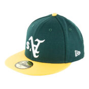 New Era 59Fifty Oakland Athletics Upside Down Logo Dark Green White Gold Fitted Hat Front Right