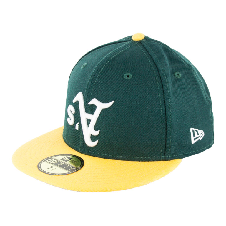 New Era 59Fifty Oakland Athletics Upside Down Logo Dark Green White Gold Fitted Hat Front Right