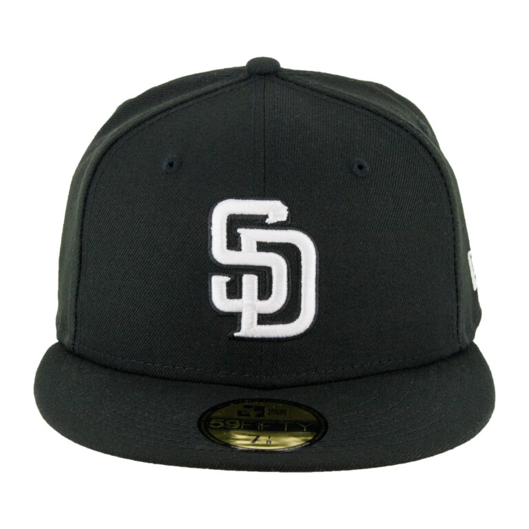 New Era 59Fifty San Diego Padres Black White Black Fitted Hat Front New Era 59Fifty San Diego Padres Black White Black Fitted Hat Front