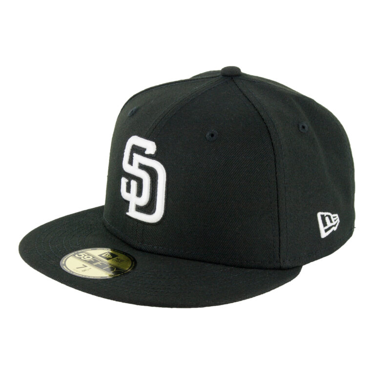New Era 59Fifty San Diego Padres Black White Black Fitted Hat Front Right New Era 59Fifty San Diego Padres Black White Black Fitted Hat Front Right