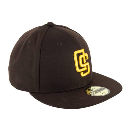 New Era 59Fifty San Diego Padres Upside Down Logo Burnt Wood Brown Gold Fitted Hat Front Left