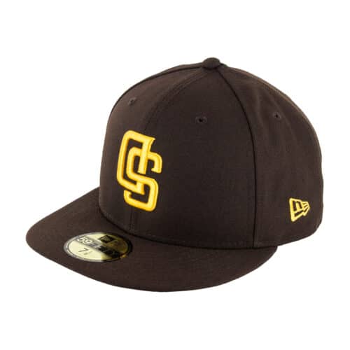 New Era 59Fifty San Diego Padres Upside Down Logo Burnt Wood Brown Gold Fitted Hat Front Right