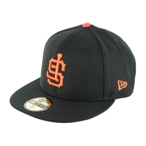 New Era 59Fifty San Francisco Giants Upside Down Logo Black Orange Fitted Hat Front Right