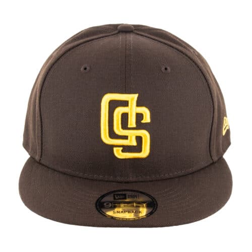 New Era 9Fifty San Diego Padres Upside Down Logo Burnt Wood Brown Gold Adjustable Snapback Hat Front