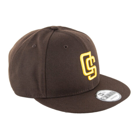 New Era 9Fifty San Diego Padres Upside Down Logo Burnt Wood Brown Gold Adjustable Snapback Hat Front Left