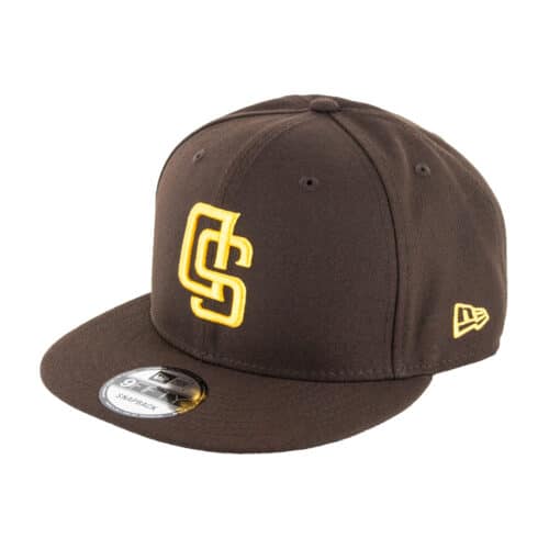 New Era 9Fifty San Diego Padres Upside Down Logo Burnt Wood Brown Gold Adjustable Snapback Hat Front Right