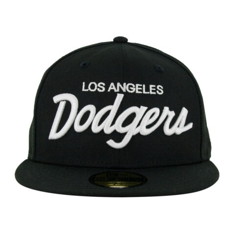 New Era 59Fifty Los Angeles Dodgers Vintage Script Black White Fitted Hat Front