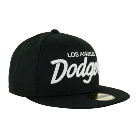 New Era 59Fifty Los Angeles Dodgers Vintage Script Black White Fitted Hat Front Left