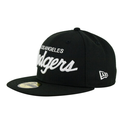 New Era 59Fifty Los Angeles Dodgers Vintage Script Black White Fitted Hat Front Right