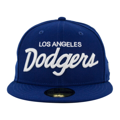 New Era 59Fifty Los Angeles Dodgers Vintage Script Dark Royal White Fitted Hat Front