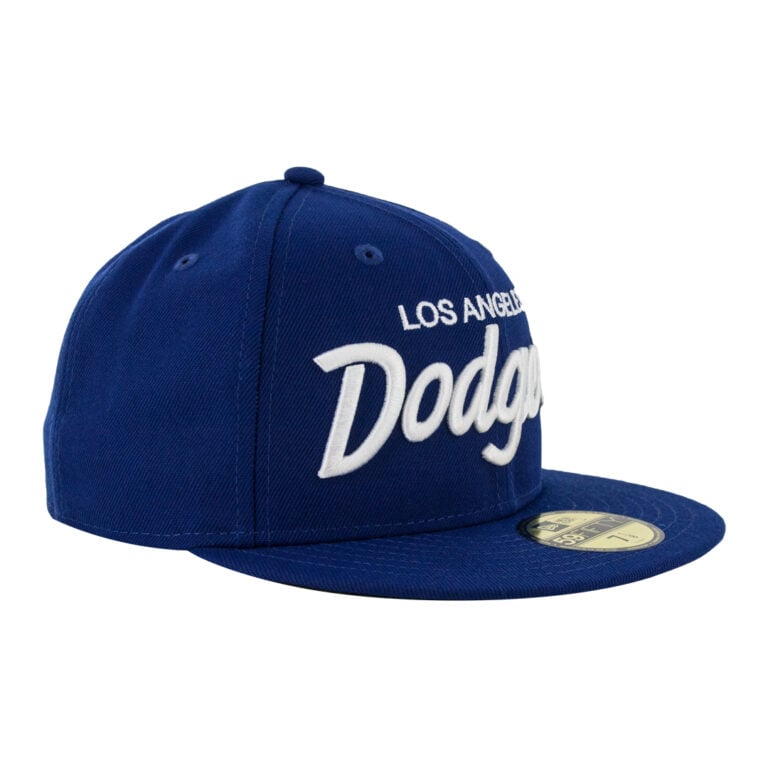 New Era 59Fifty Los Angeles Dodgers Vintage Script Dark Royal White Fitted Hat Front Left New Era 59Fifty Los Angeles Dodgers Vintage Script Dark Royal White Fitted Hat Front Left