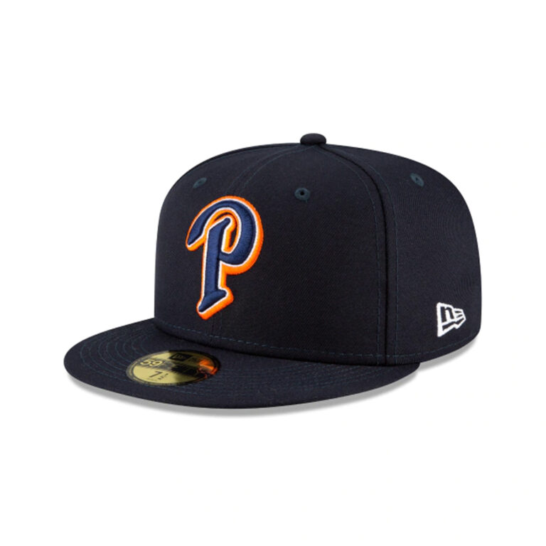 New Era 59Fifty Padres Ligature Redux 1998 Gwynn P Logo Dark Navy White Orange Fitted Hat Front Right New Era 59Fifty Padres Ligature Redux 1998 Gwynn P Logo Dark Navy White Orange Fitted Hat Front Right