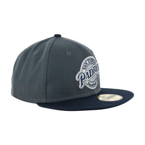 New Era 59Fifty San Diego Padres Retro Dark Graphite Gray Dark Navy Fitted Hat Front Left