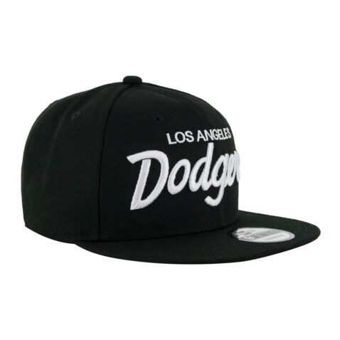 New Era 9Fifty Los Angeles Dodgers Vintage Script Black White Snapback Hat Front Left