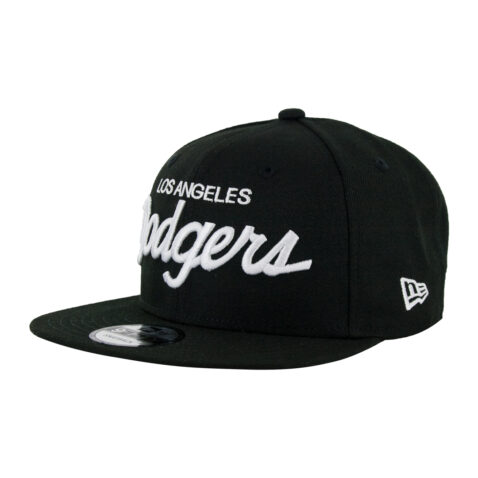 New Era 9Fifty Los Angeles Dodgers Vintage Script Black White Snapback Hat Front Right