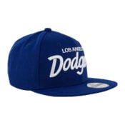 New Era 9Fifty Los Angeles Dodgers Vintage Script Dark Royal White Snapback Hat Front Left