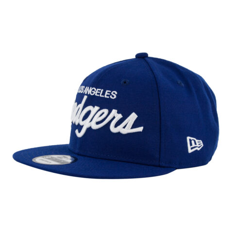 New Era 9Fifty Los Angeles Dodgers Vintage Script Dark Royal White Snapback Hat Front Right