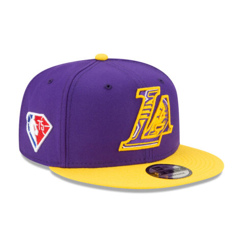 New Era 9Fifty Los Angeles Lakers 2021 NBA Draft Purple Yellow Snapback Hat Front Left