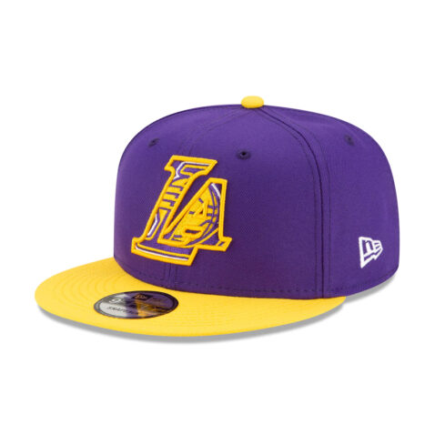 New Era 9Fifty Los Angeles Lakers 2021 NBA Draft Purple Yellow Snapback Hat Front Right