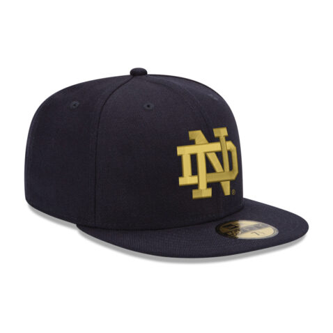 New Era 59Fifty University of Notre Dame Fighting Irish Dark Navy Blue Gold Fitted Hat Front Left