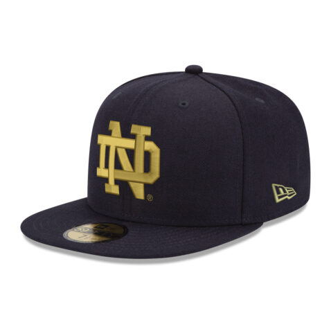 New Era 59Fifty University of Notre Dame Fighting Irish Dark Navy Blue Gold Fitted Hat Front Right