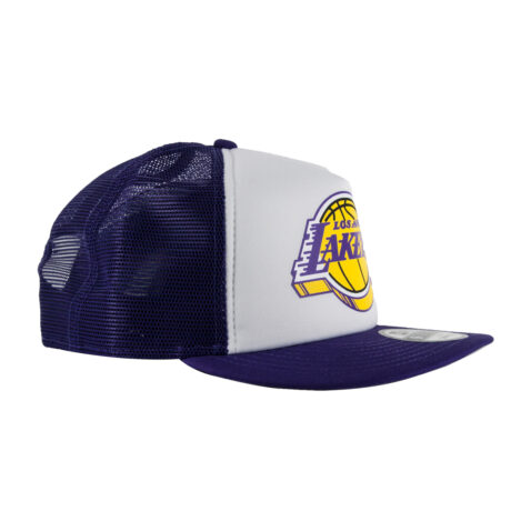 New Era 9Fifty Los Angeles Lakers Foam Trucker Snapback Hat Purple Front Left