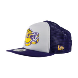 New Era 9Fifty Los Angeles Lakers Foam Trucker Snapback Hat Purple Front Right