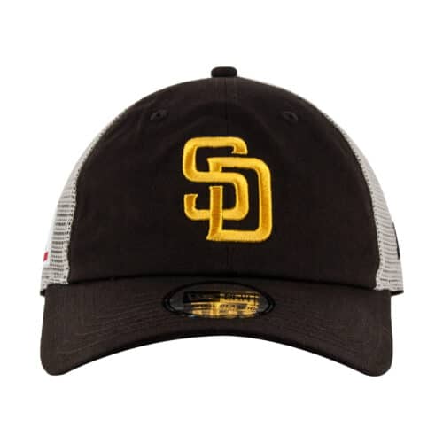 New Era 9Twenty Flag San Diego Padres Snapback Hat Burnt Wood Brown Gold Front