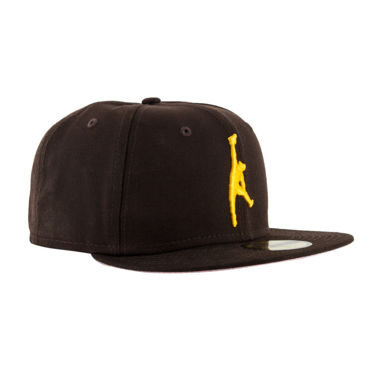 New Era x Billion Creation x SDHC 59Fifty San Diego Padres Bebo Jumpman Burnt Wood Brown Gold Fitted Hat Front Left New Era x Billion Creation x SDHC 59Fifty San Diego Padres Bebo Jumpman Burnt Wood Brown Gold Fitted Hat Front Left